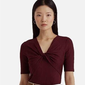 Ralph Lauren Burgundy Knot-Front Top Short Sleeve